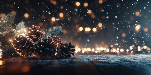 Canvas Print - A rustic wooden table, adorned with pinecones and festive greenery, is delicately blanketed by snowfall in the winter season