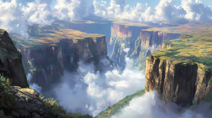 Wall Mural - A captivating view of the swirling clouds and rugged landscape of the simien mountains in ethiopia, with dramatic cliffs and deep valleys, simien mountains scene. Enchanted Cliffs. Illustration