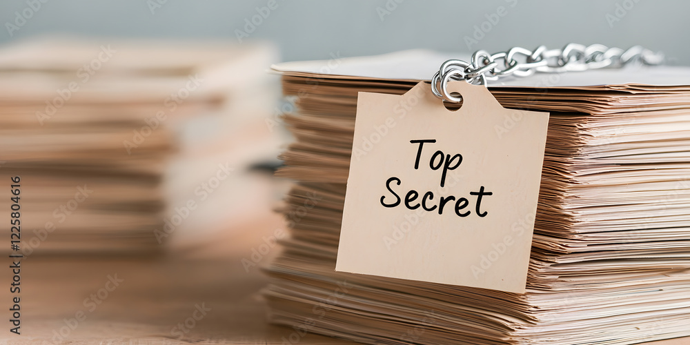 A stack of office files securely chained with a tag labeled 'Top Secret ...
