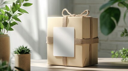Poster - Cardboard gift box with blank label on wooden table with sunlight and plants