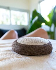 Poster - Kippah Showcasing Intricate Texture Resting Peacefully on a Wooden Table in a Serene Indoor Space