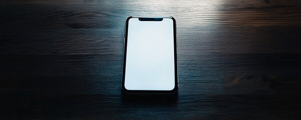 Poster - Modern smartphone with blank white screen lying on wooden surface