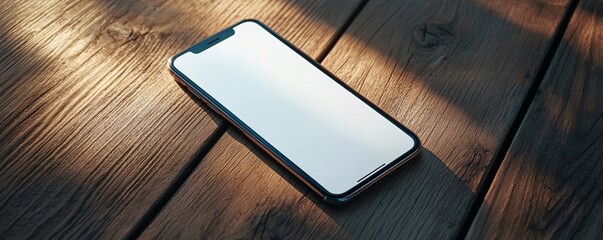 Poster - Modern smartphone with blank screen lying on rustic wooden table