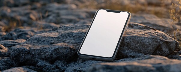 Poster - Smartphone with blank white screen lying on rocks at sunset