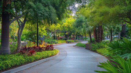 A vibrant urban park featuring pathways, greenery, and decorative elements creates a tranquil outdoor environment