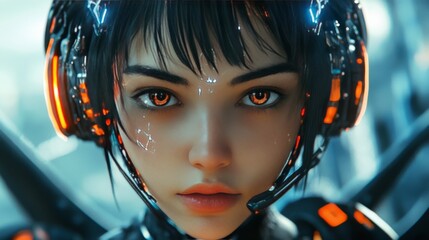 Wall Mural - Artificial intelligence in image of cyborg girl with electronic brain. Neural network trained using a virtual hud interface. Machine learning technology concept. Sci-Fi cybernetic robot with AI.