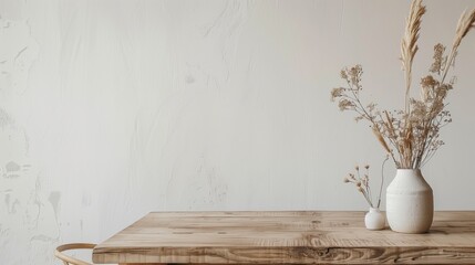 Poster - A wooden table with a vase of flowers on it. The table is empty and the vase is the only decoration. AI generated.