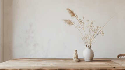 Fototapete - A white vase with a brown table sits in front of a white wall. The vase is filled with dried flowers, giving the room a simple and elegant touch. AI generated.
