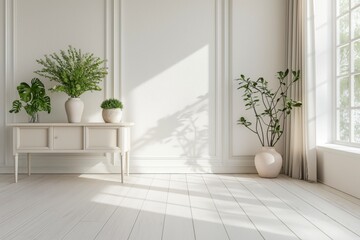 Aufkleber - A white room with a white dresser and a window. The room is empty and has a minimalist feel. AI generated.