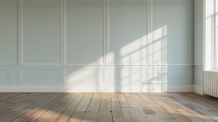 Aufkleber - A large, empty room with white walls and wooden floors. The room is very bright and airy, with a large window letting in plenty of natural light. The room is very clean. AI generated.