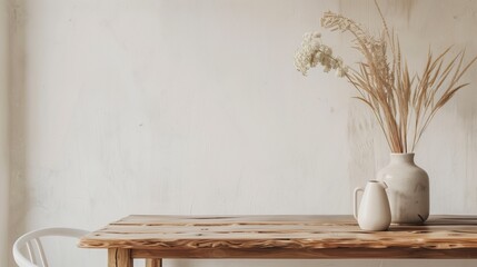 Aufkleber - A white vase with flowers sits on a wooden table. The table is empty except for the vase and the chair. The vase is tall and slender, and the flowers are tall and thin as well. AI generated.