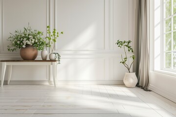 Aufkleber - A white room with a wooden table and a bench. There are two vases on the table and a potted plant on the bench. The room is very clean and has a minimalist design. AI generated.