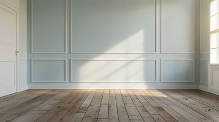 Poster - A large, empty room with white walls and wooden floors. The room is very bright and airy, with a large window letting in plenty of natural light. The space is uncluttered and open. AI generated.