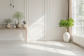 Aufkleber - A large white room with a white table and a white vase on it. The room is empty and has a minimalist feel. AI generated.