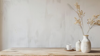 Fototapete - A white vase with flowers sits on a wooden table. The table is empty except for the vase and a cup. The vase is tall and slender, and the flowers are dried, giving the scene a simple. AI generated.