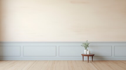 Aufkleber - A white room with a wooden table and two vases on it. The room is empty and has a minimalist feel. AI generated.