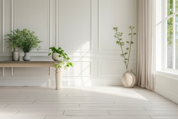 Poster - A white room with a large window and a wooden floor. The room is empty except for a few potted plants and vases. The plants are placed on a table and a shelf. AI generated.