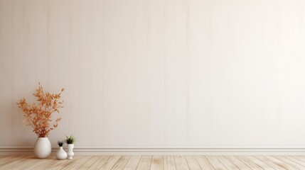 Aufkleber - A white wall with a vase of flowers on it. The vase is on a wooden floor. AI generated.