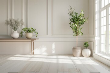 Aufkleber - A white room with a large window and a wooden floor. There are three potted plants in the room, one of which is a large tree. The room is very clean and well-lit, giving it a bright. AI generated.