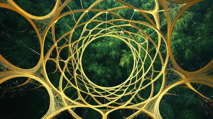 Golden web-like structure over green foliage.