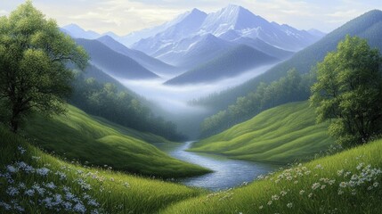 Poster - Majestic mountain backdrop framed by vibrant wildflowers, clear streams, and gentle mist, inspiring feelings of serenity and accomplishment in nature's arms.