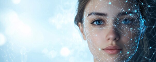 Poster - Artificial intelligence is scanning and analyzing woman's face