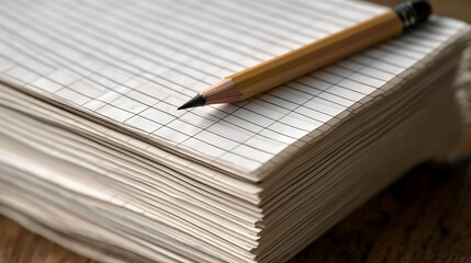 Wall Mural - Closeup of a pencil resting on a thick stack of gridded paper.  Perfect for concepts of education, writing, planning, or backtoschool.  The image evokes a feeling of preparation and organization.