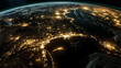 © SolaruS - Stunning night view of Earth from space, showcasing a vast expanse of city lights illuminating a coastal region. Ideal for illustrating concepts of globalization, technology, or environmental impact.