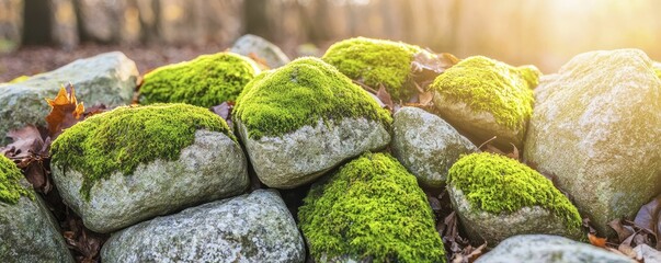 Poster - Surface textures in nature with vibrant moss covering weathered stones and gentle sunlight streaming through leaves fostering tranquility.