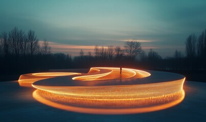 Wall Mural - Illuminated wave structure, person, tranquil landscape, dusk.