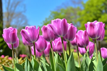 Wall Mural - A close-up of stunning purple tulips in full bloom at sunset. Purple tulips early in the morning