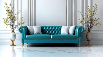 Wall Mural -   A blue couch sits in a living room beside two vases adorned with flowers