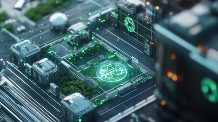 Wall Mural - Futuristic power plant is generating green energy with glowing holographic symbols, representing sustainable and innovative power generation technology