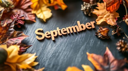 Wall Mural - September wooden letters surrounded by colorful fall leaves on a black background