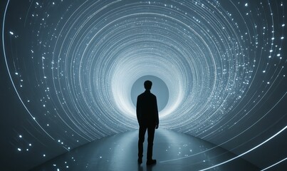 Canvas Print - Person stands before glowing spiral tunnel of lights.