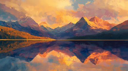 Wall Mural - Dramatic mountain ridges stretch toward the horizon, their rugged contours set ablaze by the soft, golden light of dawn, mirrored in the glassy calm of a pristine lake. Gilded Ridge. Illustration