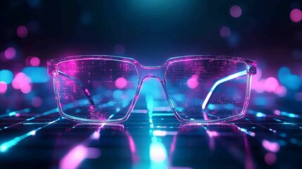 Wall Mural - Neon glasses with a digital glow, abstract background.