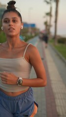 Sticker - A woman jogs gracefully at sunset, fully enjoying the beautiful seaside path along the coast