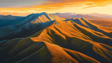 Wall Mural - aerial view of golden hour light on dramatic mountain ridges. gilded ridge. illustration