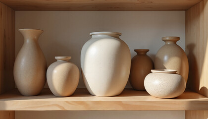 Wall Mural - Ceramic vases arranged on wooden shelf