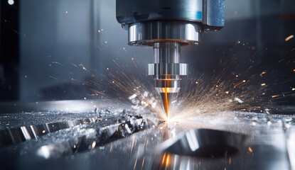 Close-up of a metal laser cutting machine producing sparks on a dark background. 
