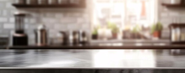 Aufkleber - Empty metal surface reflecting light in front of blurred kitchen background