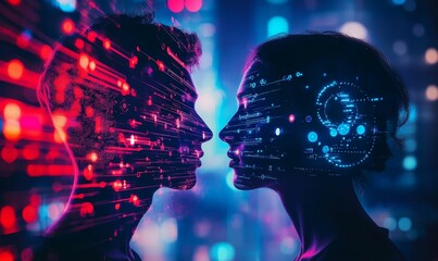 Two digital human profiles facing each other.