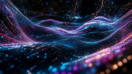 Poster - Digital Data Flow Vector Background. Big Data Technology Lines. 5G Wireless Data Transmission. High Speed Light Trails. Information Flow in Virtual Reality Cyberspace. Vector Illustration.