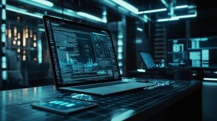 Software development. Programming, coding and software testing on laptop. Laptop hanging over table with program code on the screen. Digital Computer technology isometric background concept.
