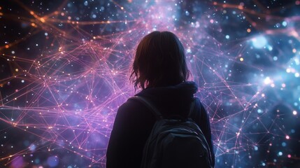 Wall Mural - young student with backpack looking at a complex network of glowing connections spanning across spac