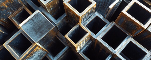 Fototapete - Stack of square metal tubes forming abstract industrial background