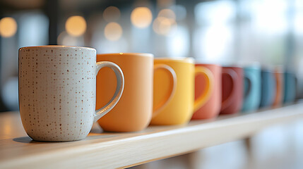 Colorful mugs on table in bright office; teamwork concept