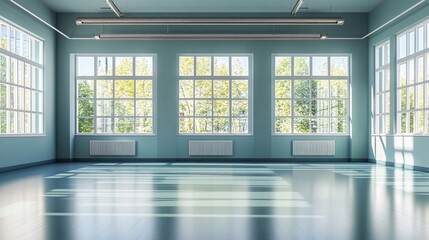 Empty open plan office room with big windows showing trees - perfect for coworking