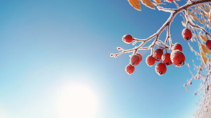 Wall Mural - Fisheye angle minimalist photo of a frosty branch with ice-encased berries and icicles reflecting sunlight under a clear blue sky, creating a beautiful winter scene